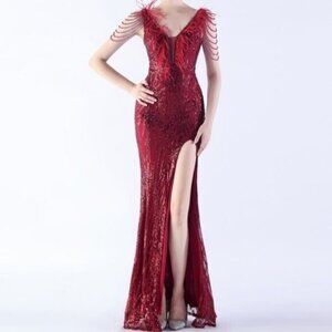Red, Geo Print,  Ostrich Feather V Neck,  Beaded Sleeves, Sequined Mermaid Gown
